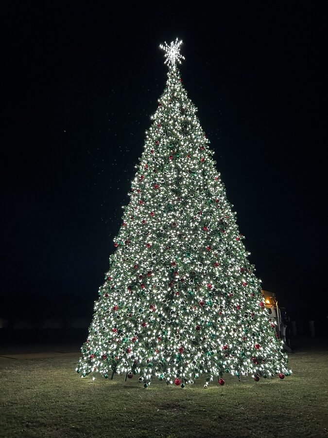 A tall manufactured commercial Christmas tree lit in warm white with red and green ornaments, standing on an open lawn at night.