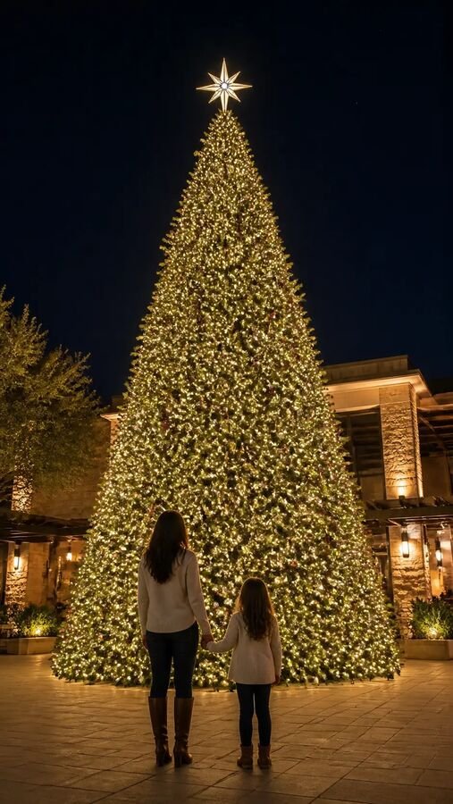 An adult and a child standing hand in hand at the base of a lit commercial display tree at night, the tree rising several stories above them to a star topper.