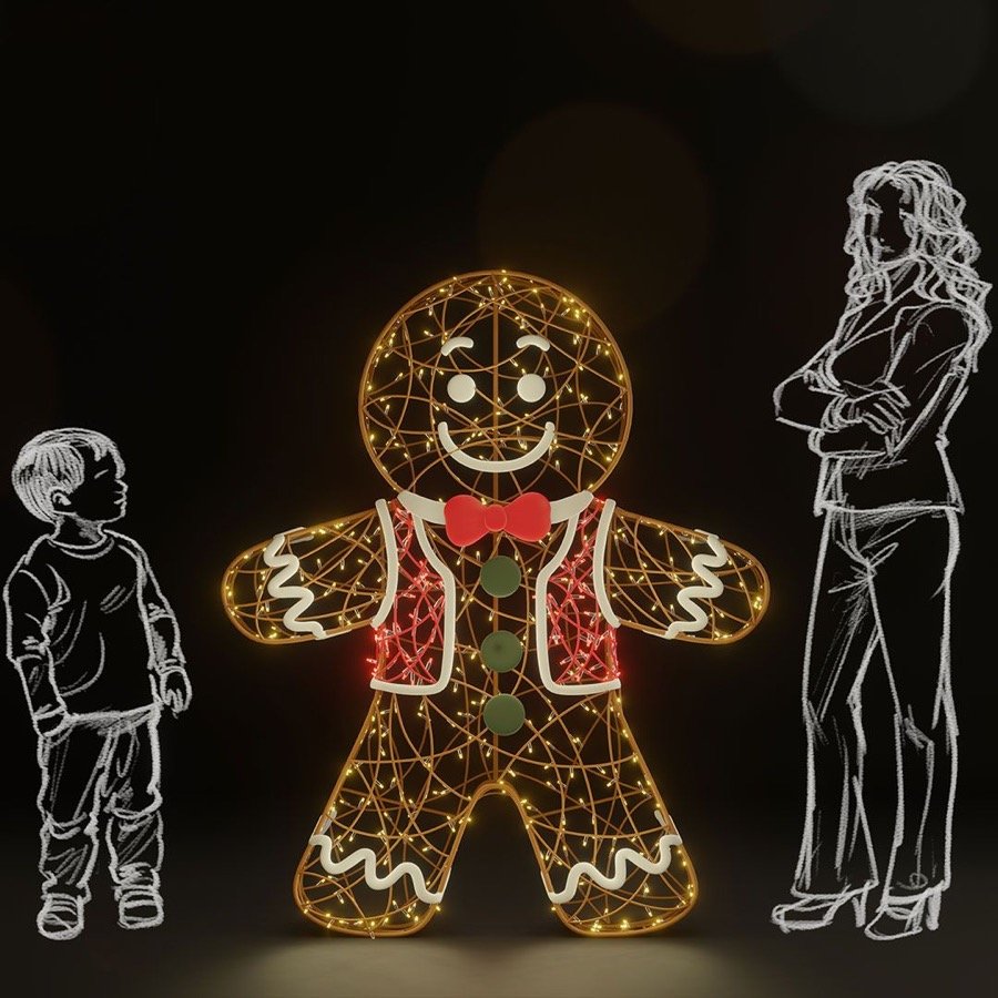 A illuminated three dimensional gingerbread man display standing at head height beside two people.