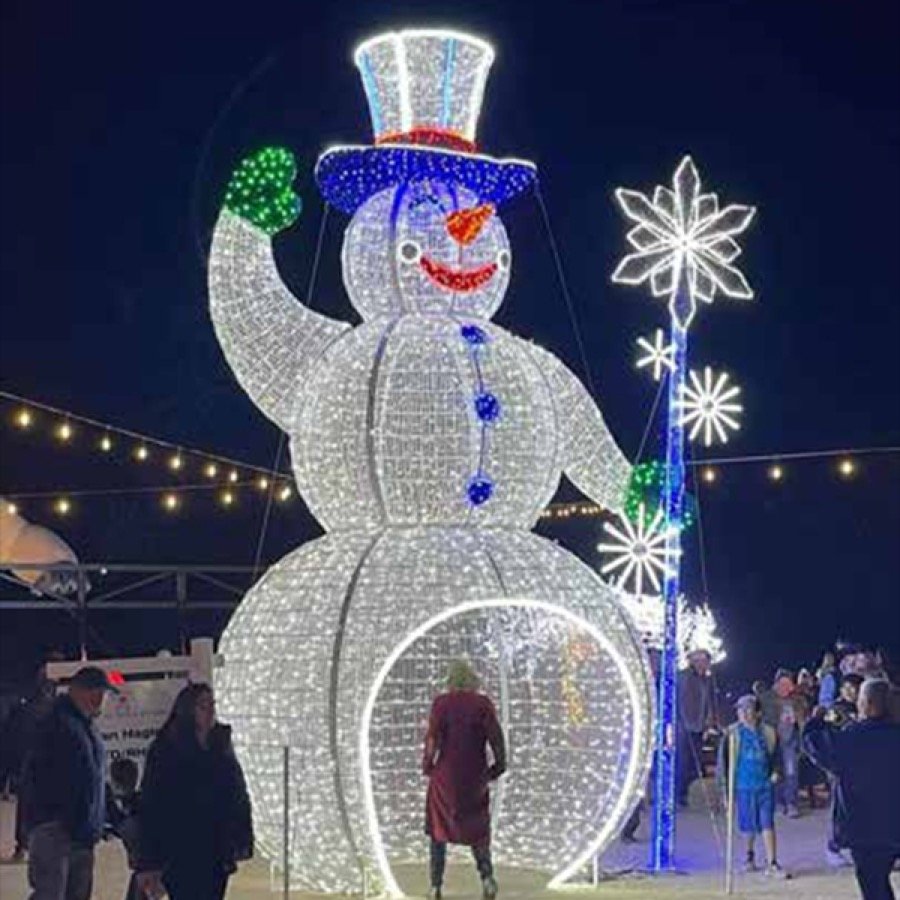 A large illuminated snowman display in white lights against a night sky.