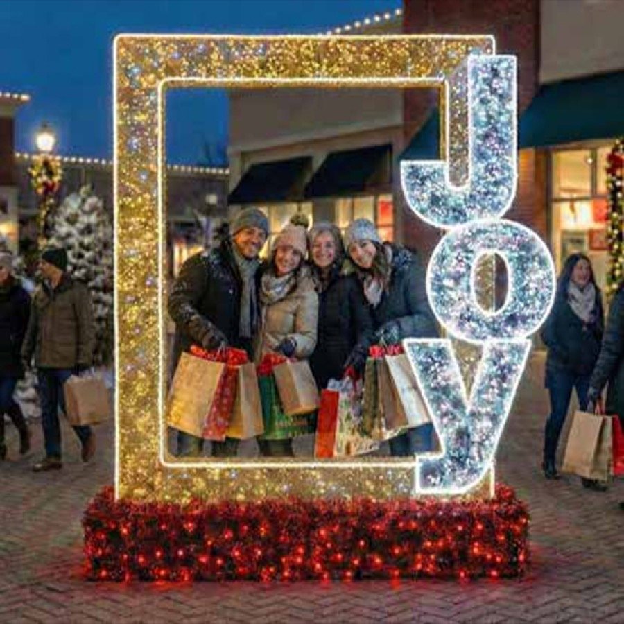 A lit JOY picture frame photo opportunity with people posing inside it.