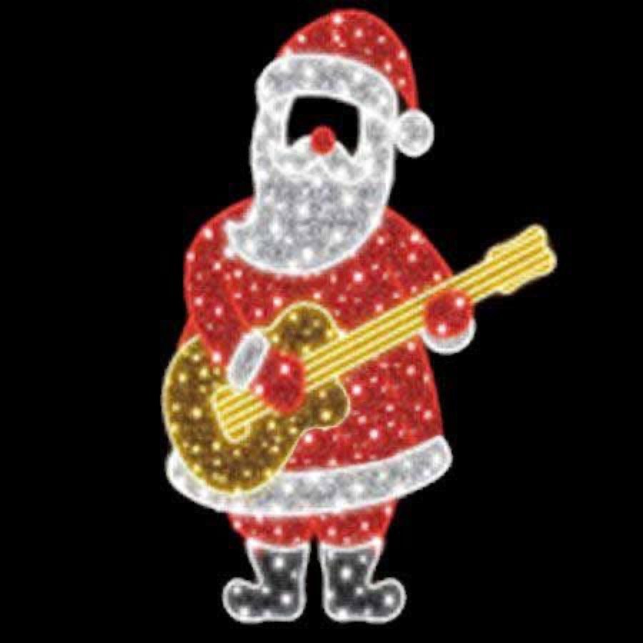 An illuminated Santa playing a guitar, with a cut out face for photographs.