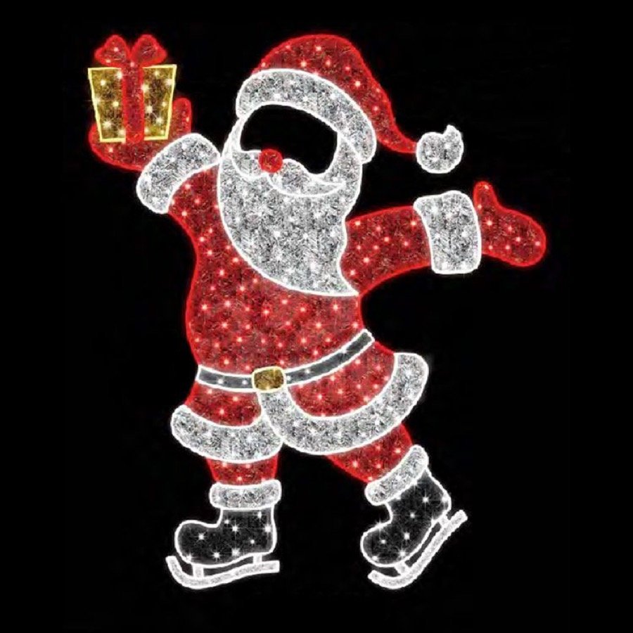 An illuminated skating Santa figure with a cut out face for photographs.
