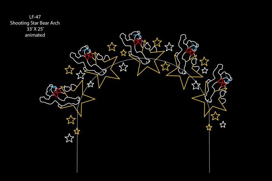 An animated lit arch of shooting stars spanning a roadway.