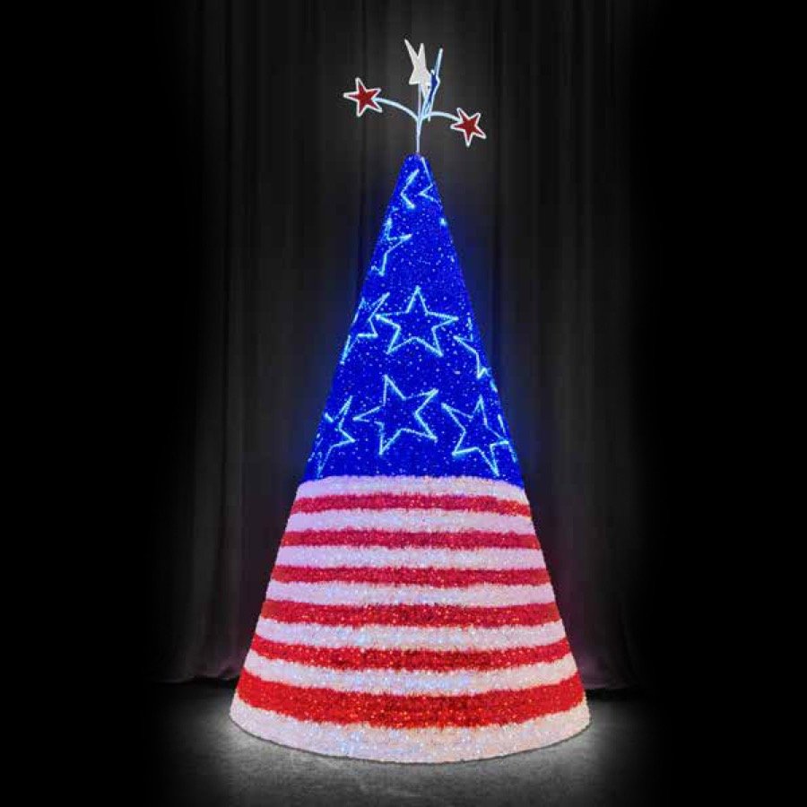 A commercial display tree lit in red, white and blue as an American flag.