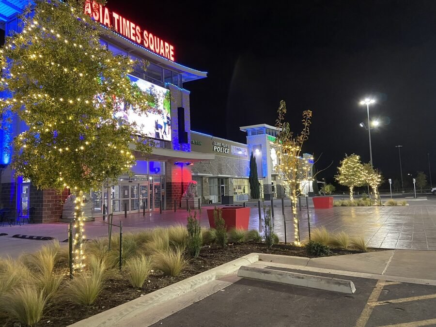 Retail center storefronts at night with parking island trees wrapped in warm white lights.